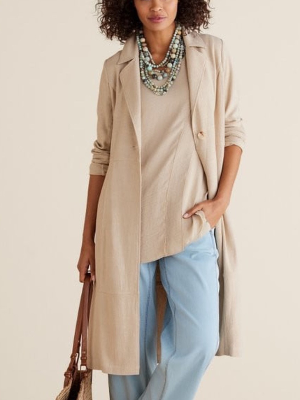 Soft Surroundings - South Hampton Gauze Tan Linen Blend Longline Jacket - 2X